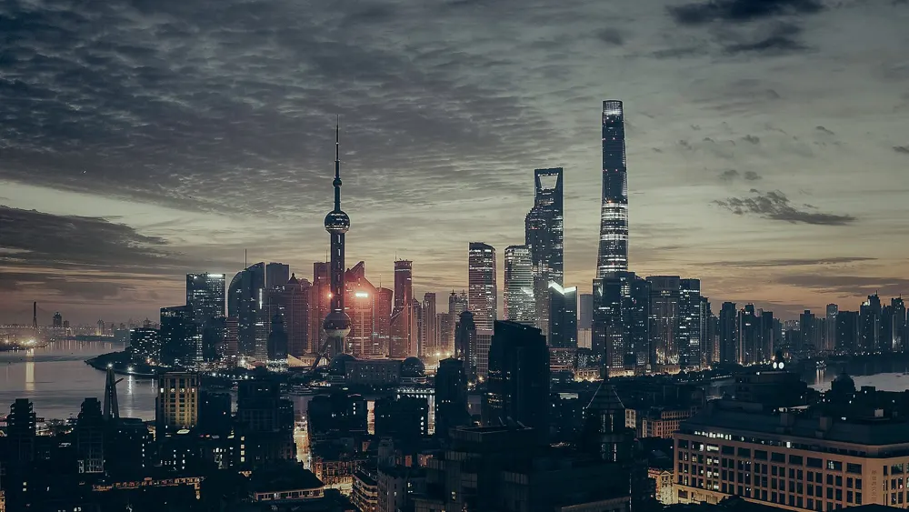 Shanghai skyline silhouetted at dusk